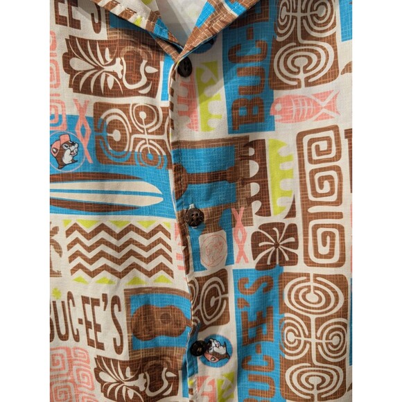Buc-ee’s Hawaiian Tiki Shirt XL Brown Blue Surfboards Tropical Aloha Button Up - Picture 9 of 12